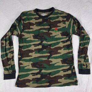 Eighty Eight Mens Large Green Brown Camouflage Long Sleeve Shirt Rose Embroidery